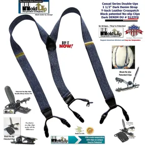 Holdup Brand Dark Blue Denim color Dual Clip Double-Ups style Dressy Suspenders with Patented No-slip clips