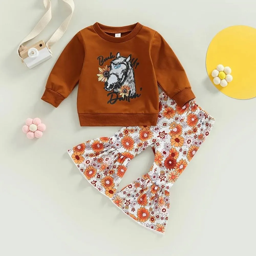 0-4T Baby Girl Autumn Cow Print Romper   Top   Flared Pants Wholesale Girls Clothes