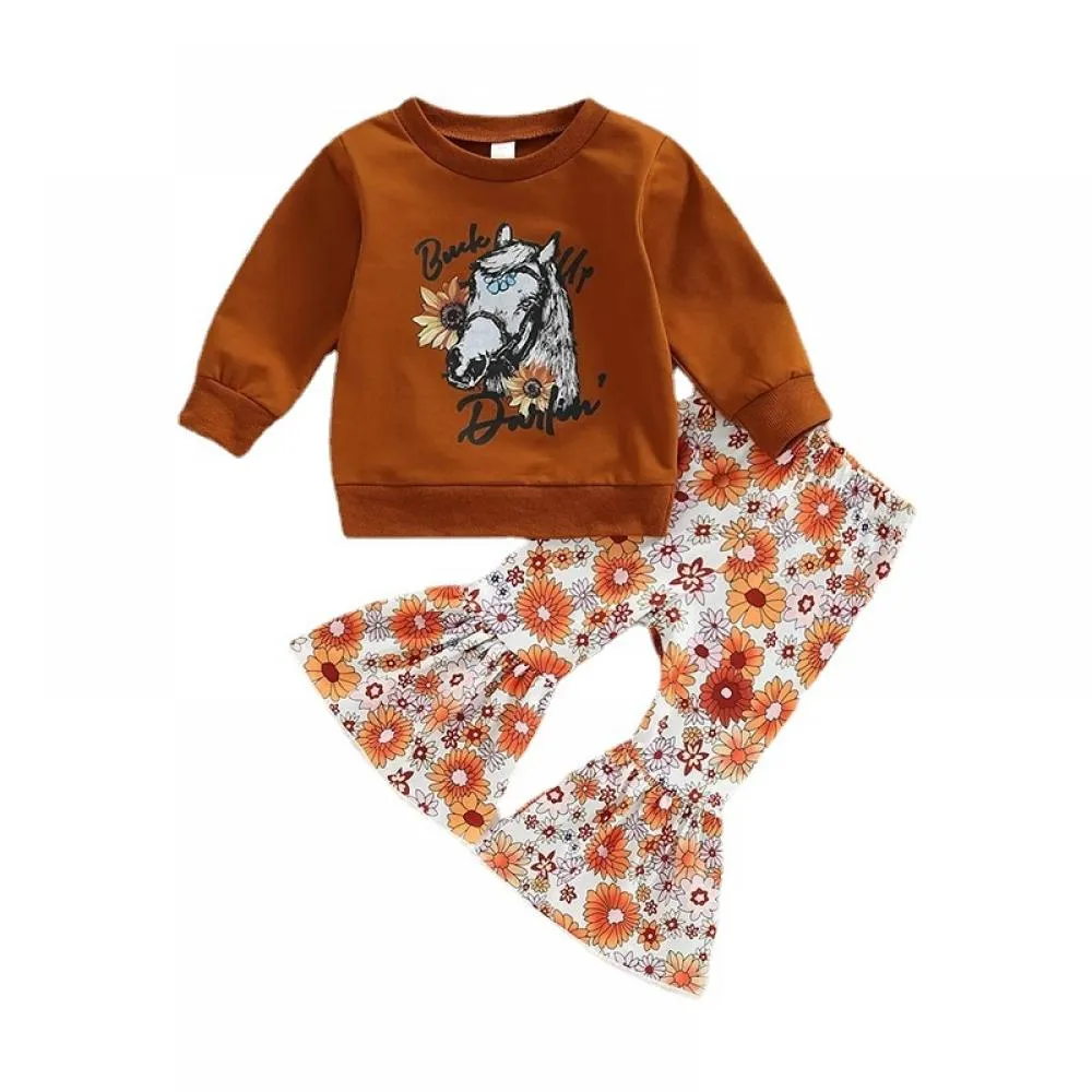 0-4T Baby Girl Autumn Cow Print Romper   Top   Flared Pants Wholesale Girls Clothes