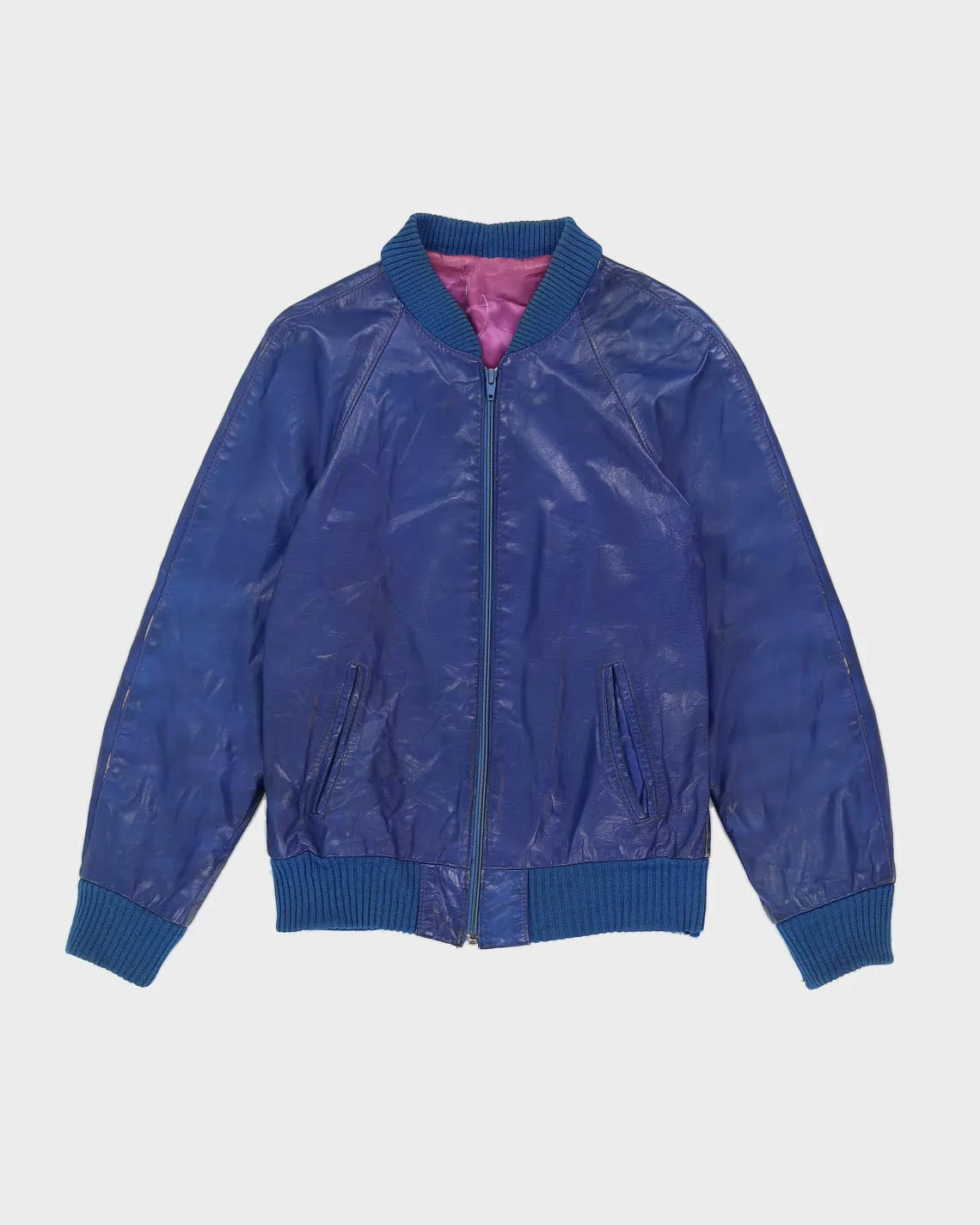 00s Blue Leather Bomber Jacket - S