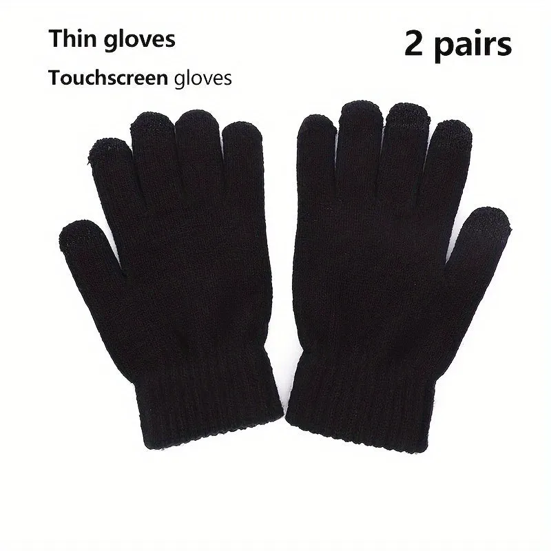 1/2pairs Minimalist Black Knit Gloves Set Short Split Finger Stretchy Gloves Autumn Winter Unisex Coldproof Warm Touch Screen Gloves