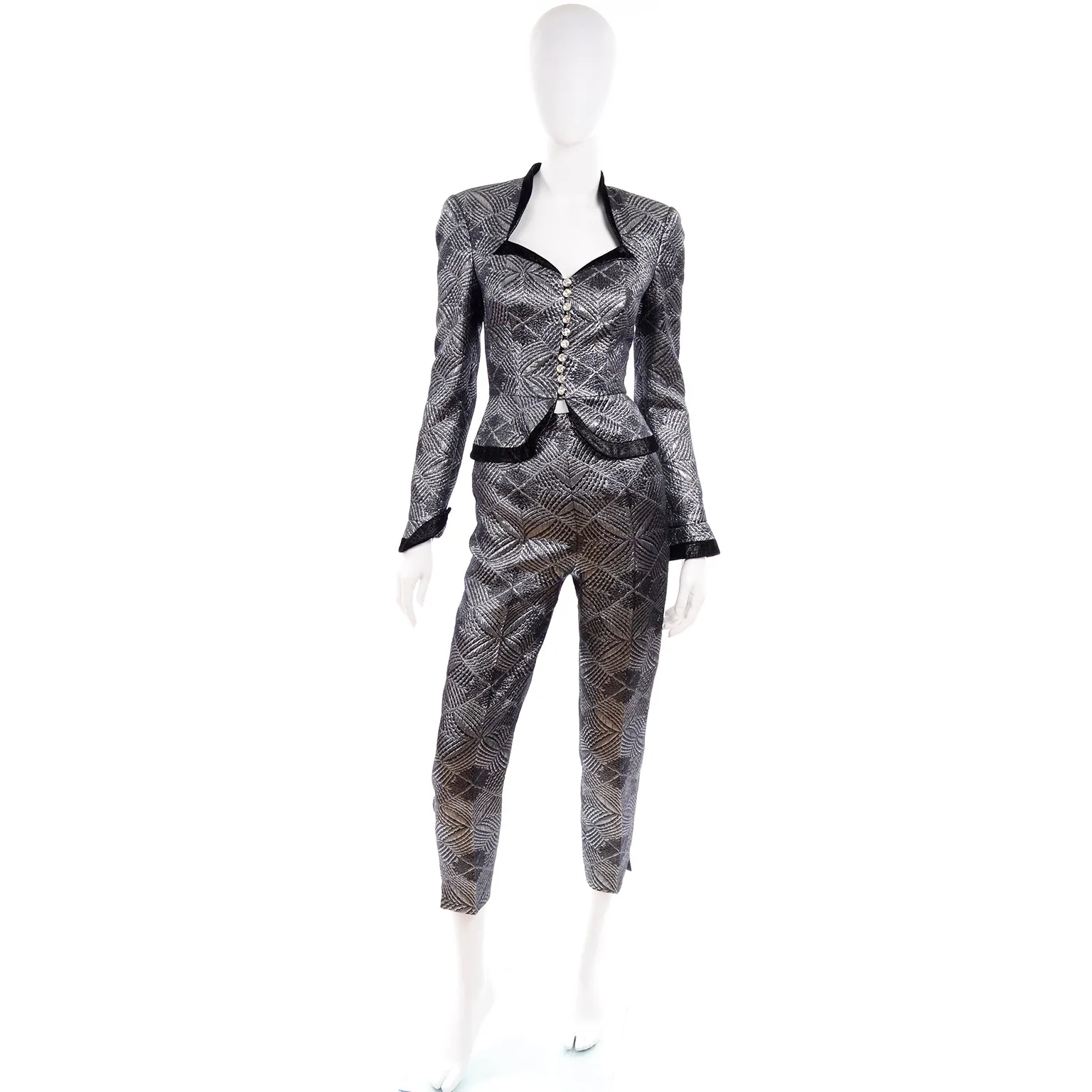 1990s Escada Couture 3pc Silver Lurex Evening Pant & Skirt Suit