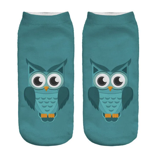 2016 New Meias Summer Autumn Harajuku Owl Socks 3D Print Animal  Women's  Low Cut Ankle Socks Cat Printed Socks