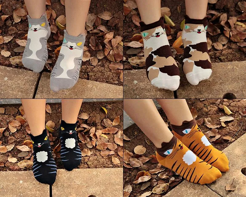 4 Pairs Animal Cat Soft Cartoon Ankle Socks Set