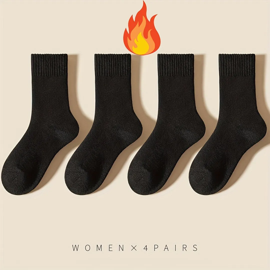 4 Pairs Simple Solid Socks, Comfy & Warm Mid Tube Socks For Winter, Women's Stockings & Hosiery