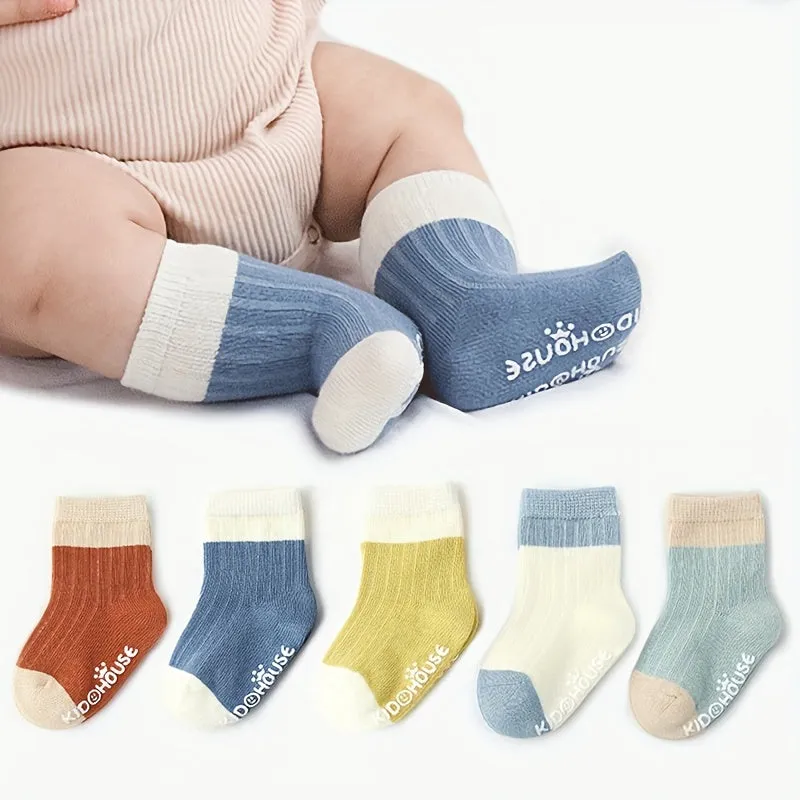 5pairs Baby Boys Girls Kids Fashion Color Block Socks, Non-slip Socks With Dot Glue, Toddlers Children's Socks For Autumn Winter