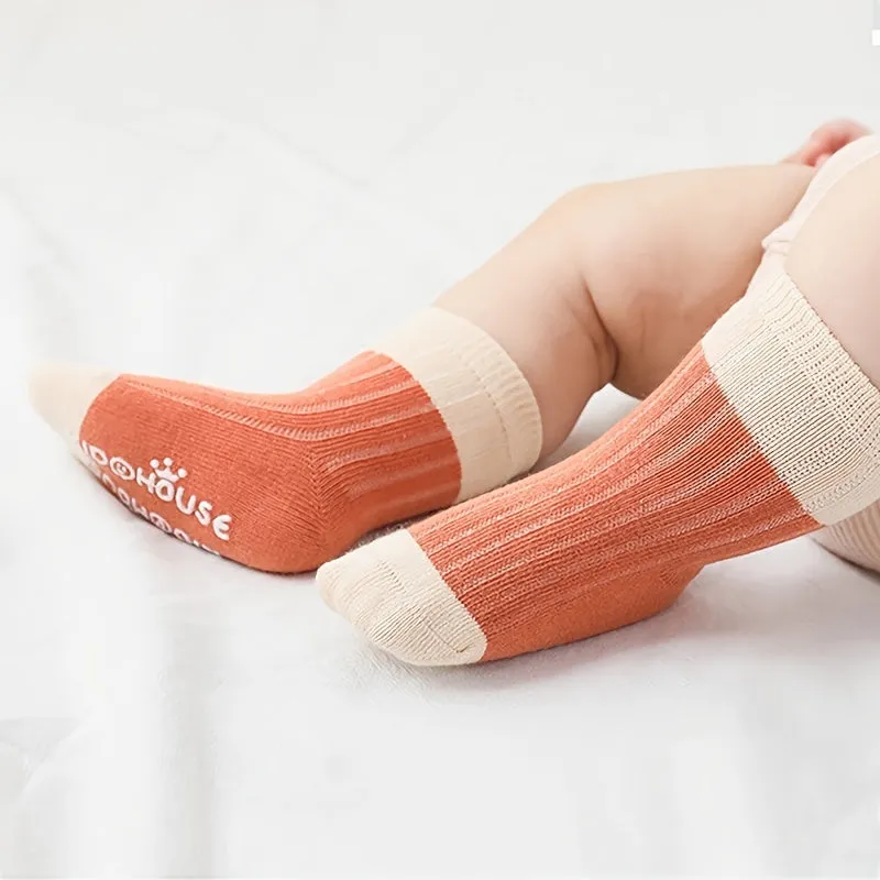 5pairs Baby Boys Girls Kids Fashion Color Block Socks, Non-slip Socks With Dot Glue, Toddlers Children's Socks For Autumn Winter