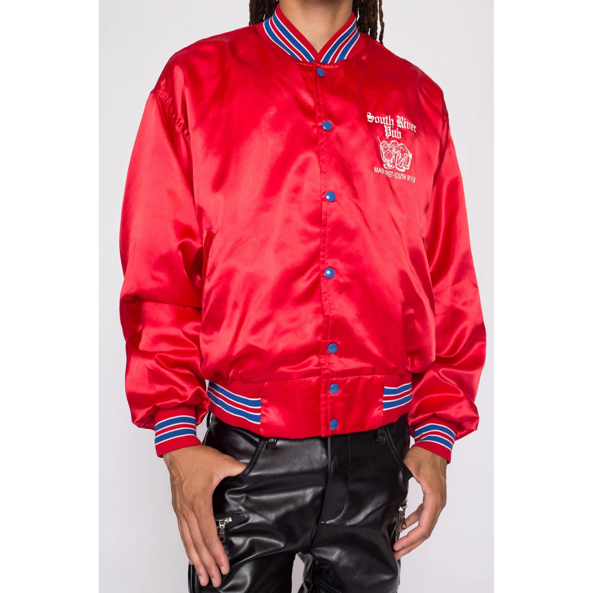 80s South River Pub Red Satin Bomber Jacket - Men's XL