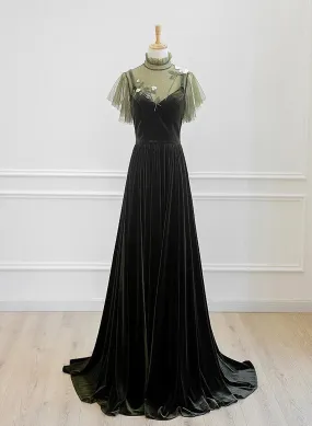 A-line Green Velvet High Neckline Long Party Dress, Green Velvet Prom Dress