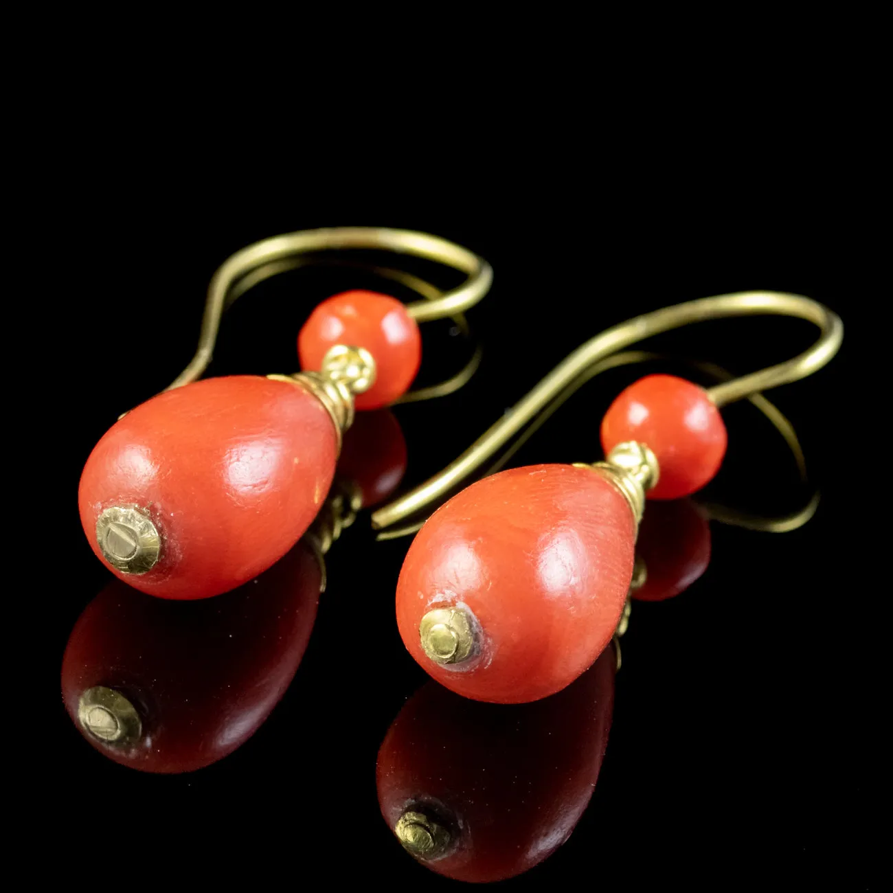 Antique Victorian Coral Bomber Earrings 18ct Gold