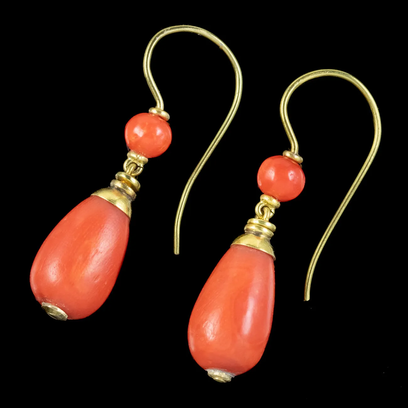 Antique Victorian Coral Bomber Earrings 18ct Gold