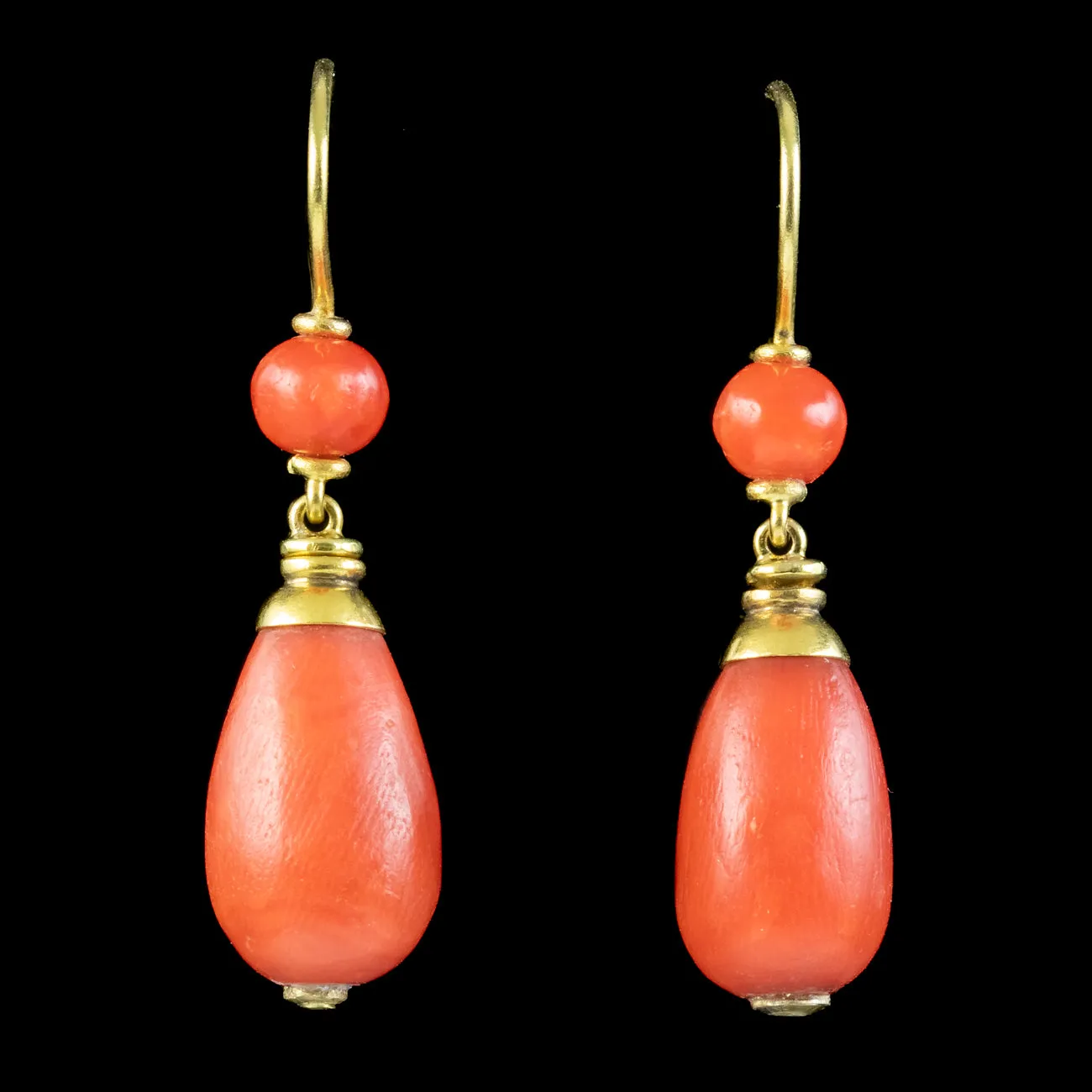 Antique Victorian Coral Bomber Earrings 18ct Gold