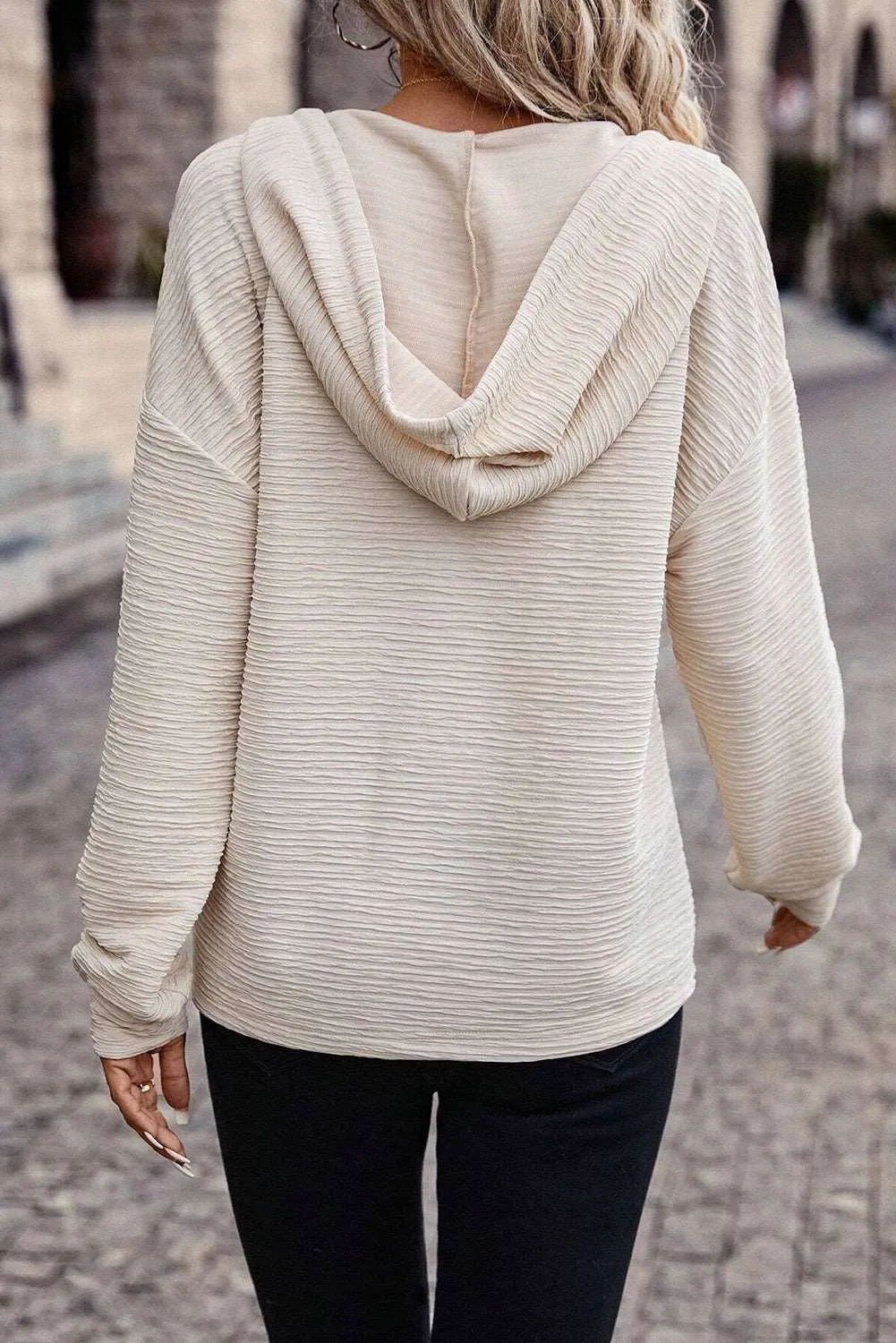 Apricot Solid Color Textured Drawstring Hoodie