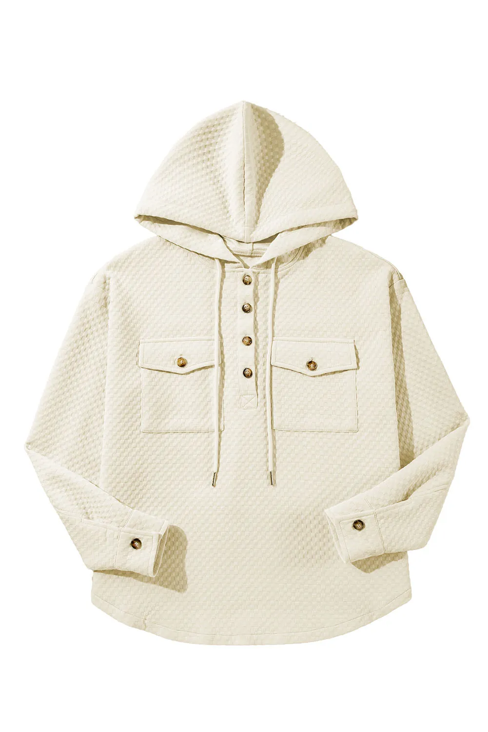 Apricot Textured Buttoned Neckline Side Pockets Hoodie