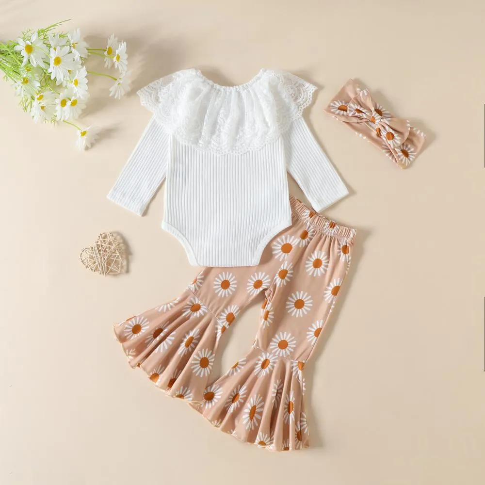 Autumn Baby Girls Lace Romper   Flared Trousers Set Wholesale Girls Clothes