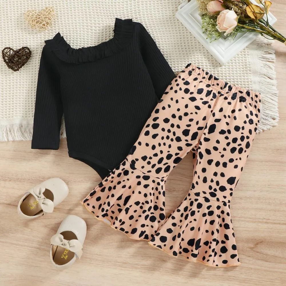 Autumn Baby Girls Romper   Leopard Flared Pants Set Wholesale Baby Girls Clothes