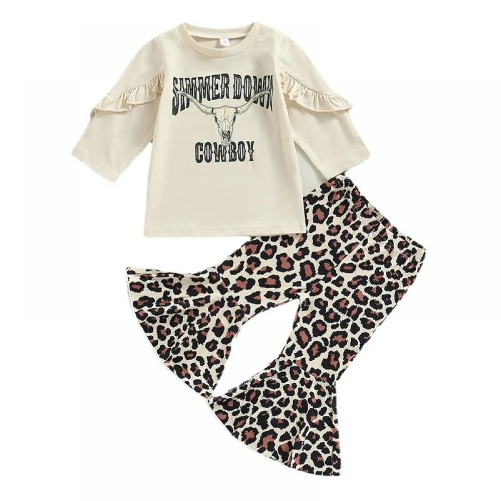 Autumn Children's Girl Set Cow Head Ruffled T-shirt Top Leopard Flared Pants Spring 2-piece Set Wholesale Girls Clothes