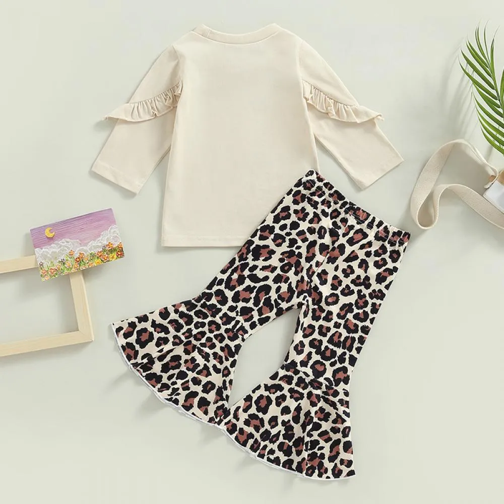 Autumn Children's Girl Set Cow Head Ruffled T-shirt Top Leopard Flared Pants Spring 2-piece Set Wholesale Girls Clothes