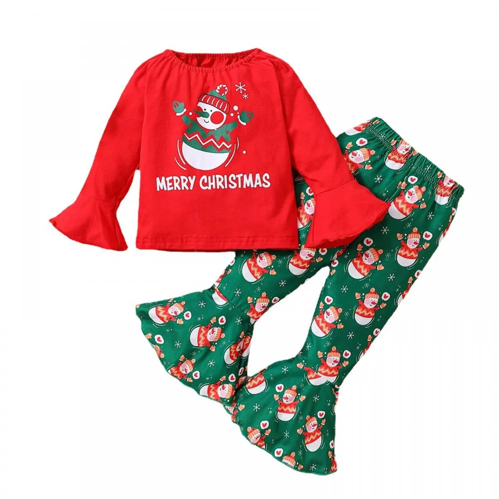 Autumn Christmas Baby Print Top   Snowman Flared Trousers Set Wholesale Kids Clothes