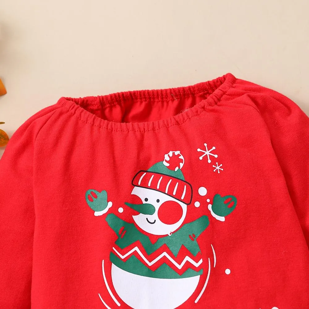 Autumn Christmas Baby Print Top   Snowman Flared Trousers Set Wholesale Kids Clothes