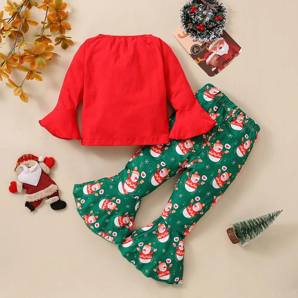 Autumn Christmas Baby Print Top   Snowman Flared Trousers Set Wholesale Kids Clothes