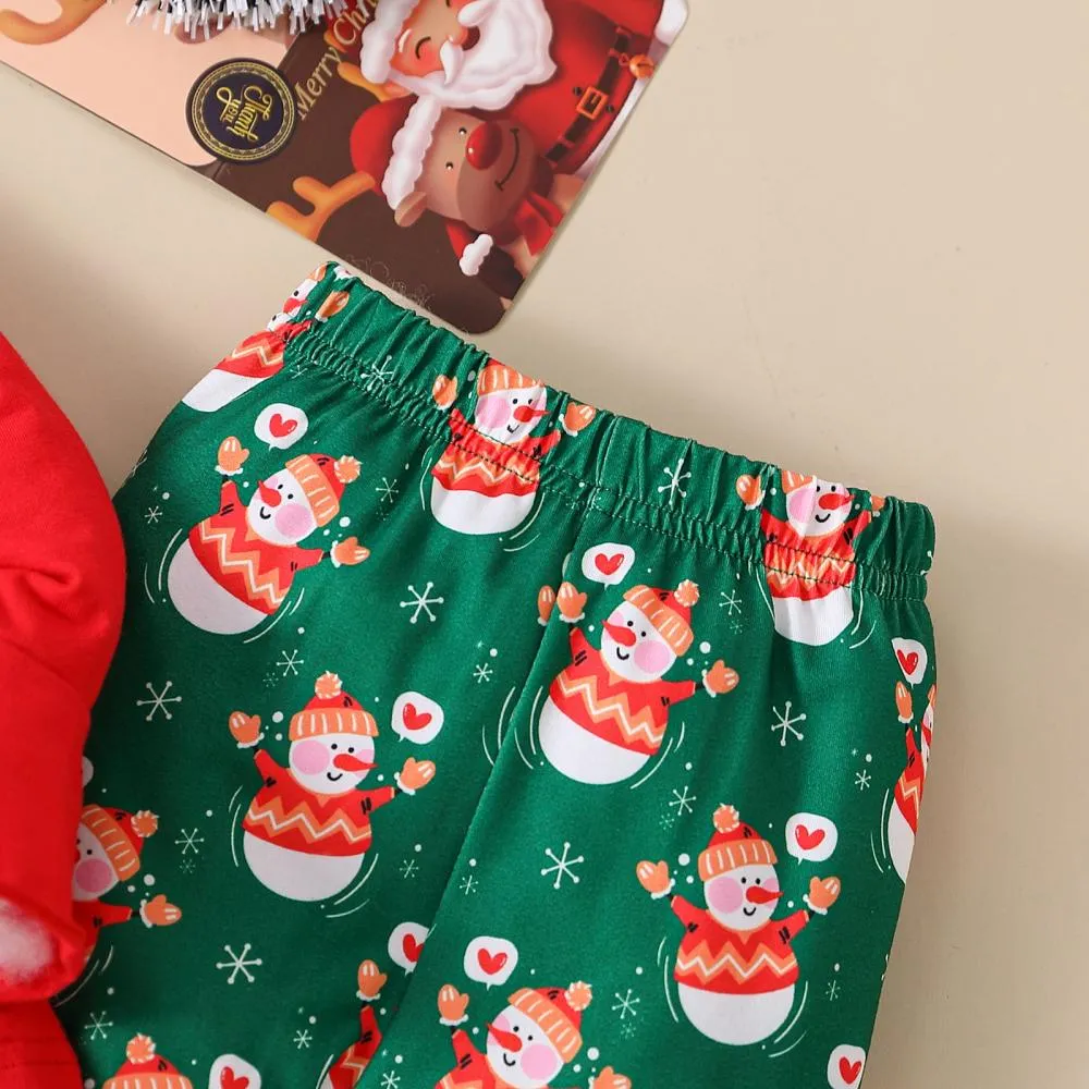 Autumn Christmas Baby Print Top   Snowman Flared Trousers Set Wholesale Kids Clothes