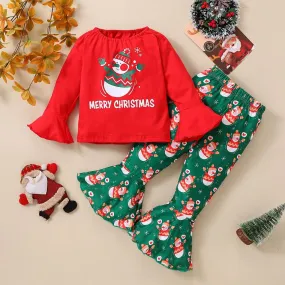 Autumn Christmas Baby Print Top   Snowman Flared Trousers Set Wholesale Kids Clothes