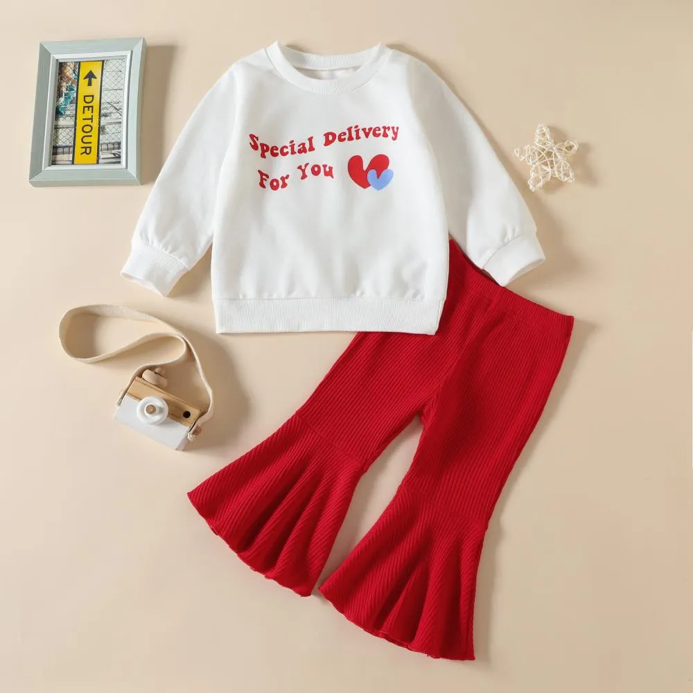 Baby Girl Christmas Letter Top   Pit Strip Flared Pants Set Wholesale Girls Clothes