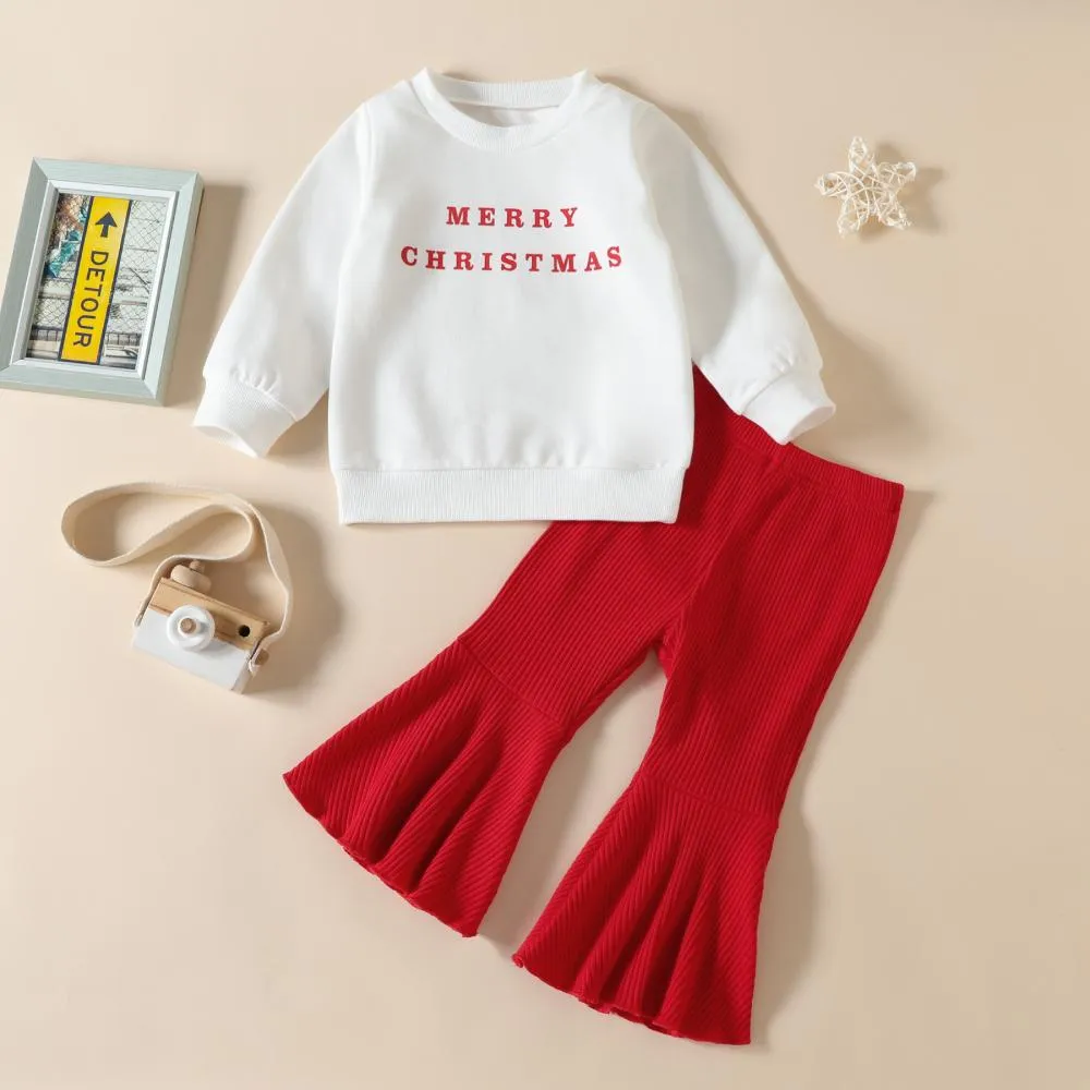 Baby Girl Christmas Letter Top   Pit Strip Flared Pants Set Wholesale Girls Clothes