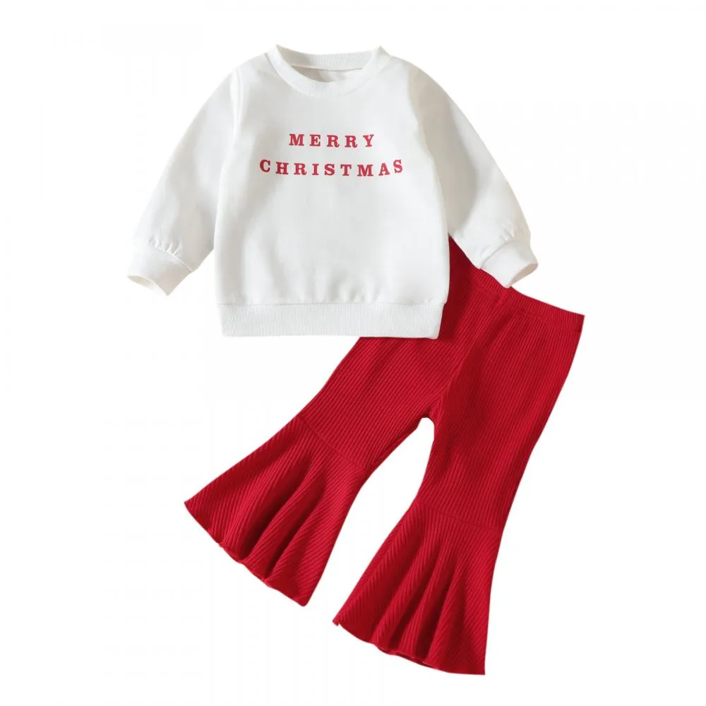 Baby Girl Christmas Letter Top   Pit Strip Flared Pants Set Wholesale Girls Clothes