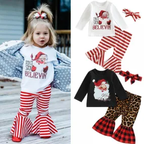 Baby Girls Christmas Autumn Cartoon Santa Stripe Shirt   Flared Pants Set Wholesale Girls Clothes