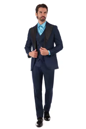 Barabas Men's Navy-Blue Tuxedo Suit Black Peak Lapel with Vest Style No: 4SU13