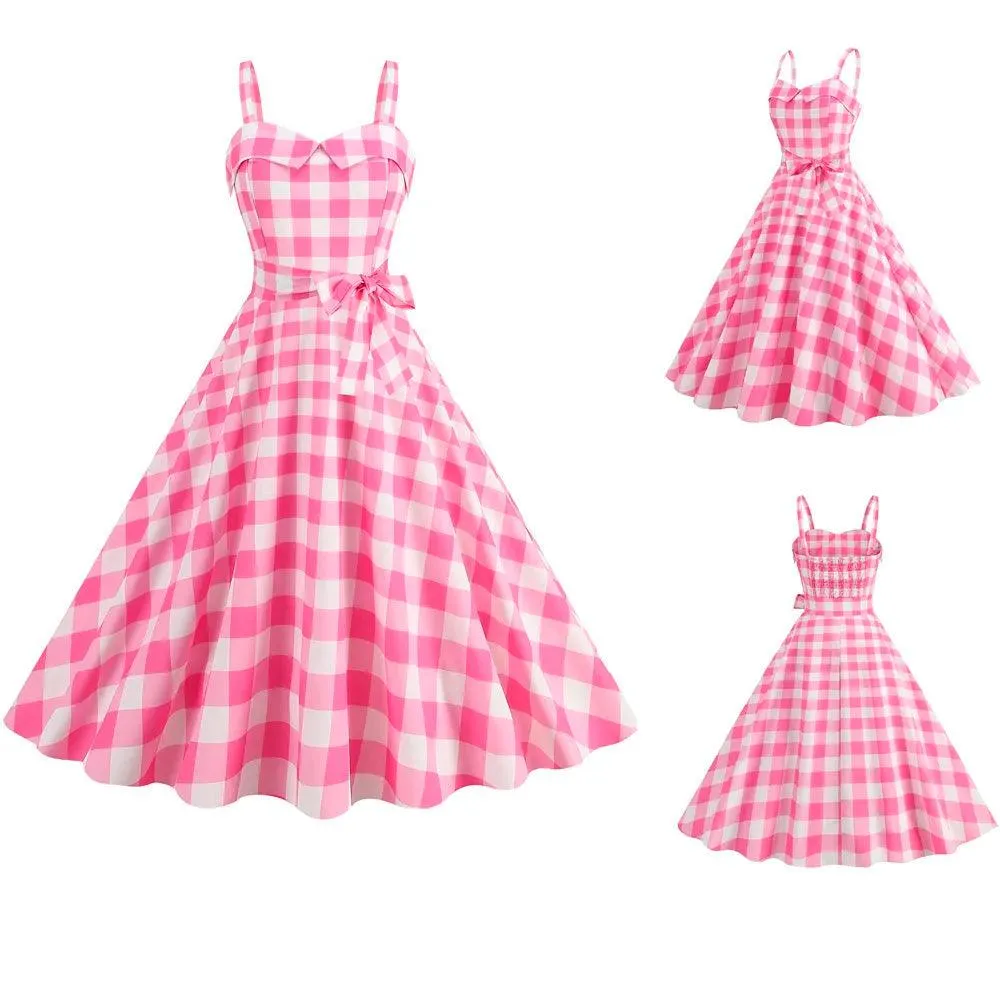 Barbie pink Dress -  with a pink plaid pattern 2023 - trendy Strapless Cocktail Rockabilly Party Swing Sweet Girls for cocktail parties and rockabilly events