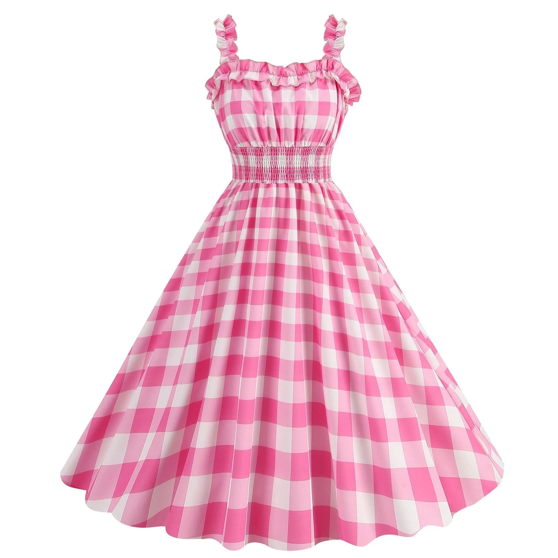 Barbie pink Dress -  with a pink plaid pattern 2023 - trendy Strapless Cocktail Rockabilly Party Swing Sweet Girls for cocktail parties and rockabilly events