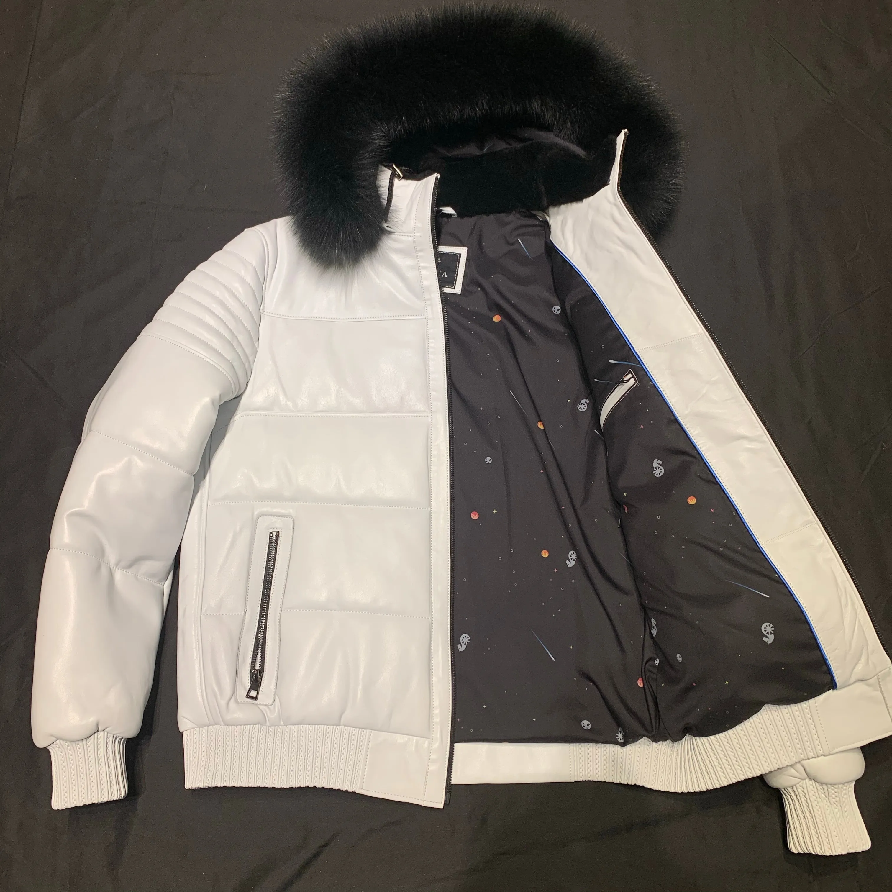 Barya NewYork White Quilted Lambskin Black Fox Fur Hooded Bomber Jacket