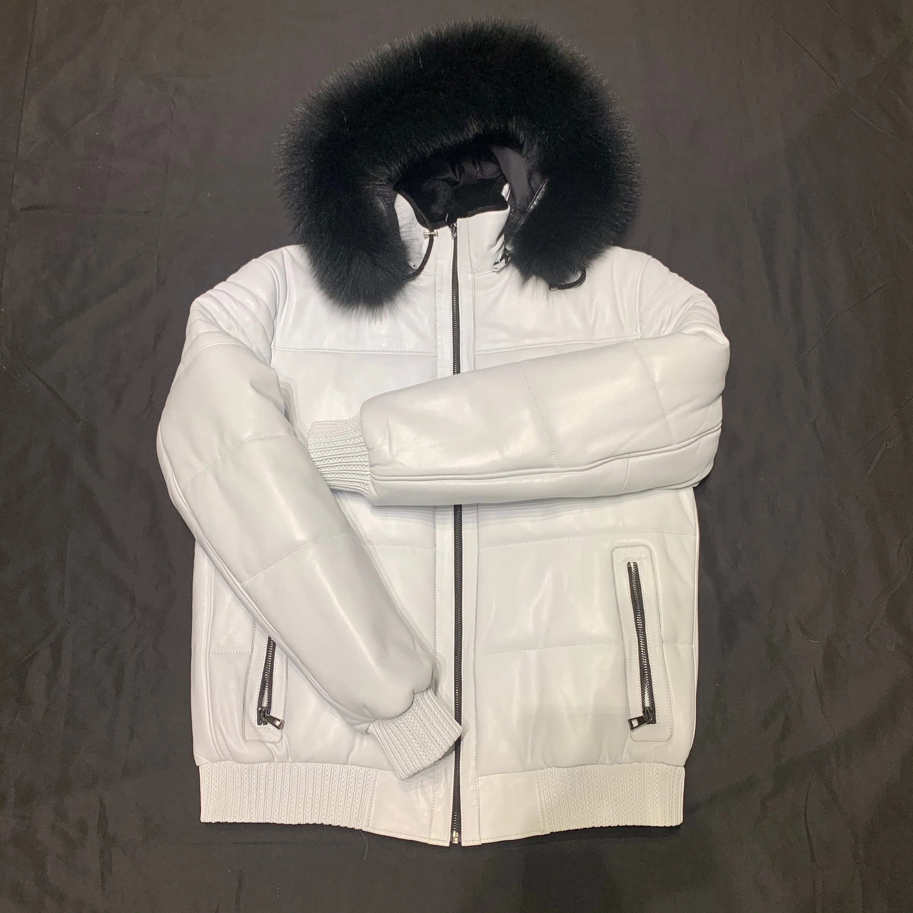 Barya NewYork White Quilted Lambskin Black Fox Fur Hooded Bomber Jacket