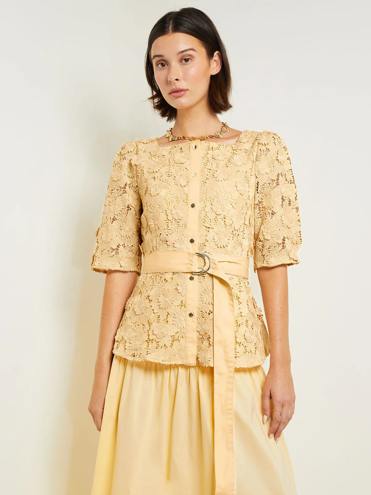 Belted Button Front Blouse - Floral Applique Woven