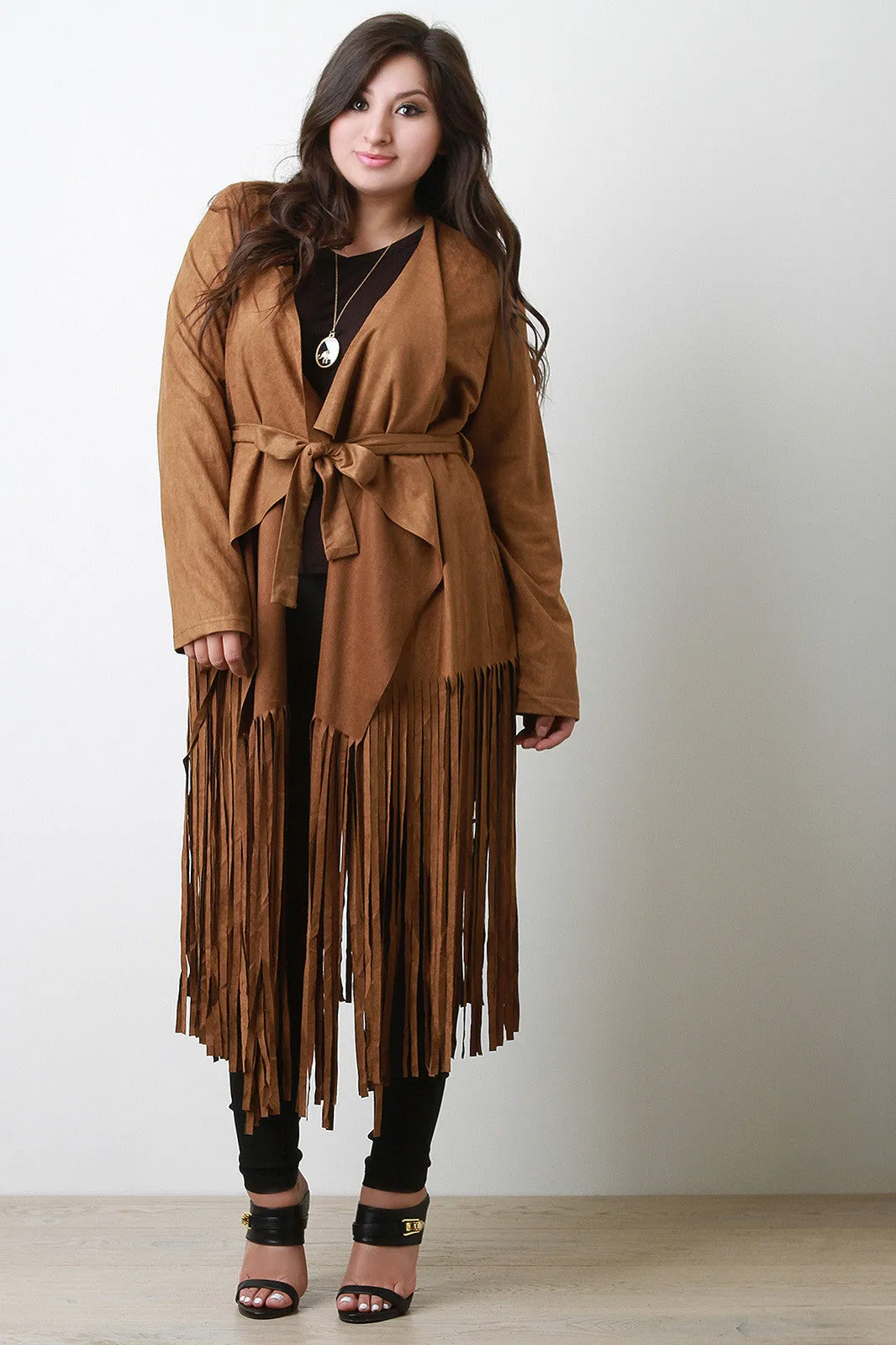 Belted Fringed Suede Trench Coat