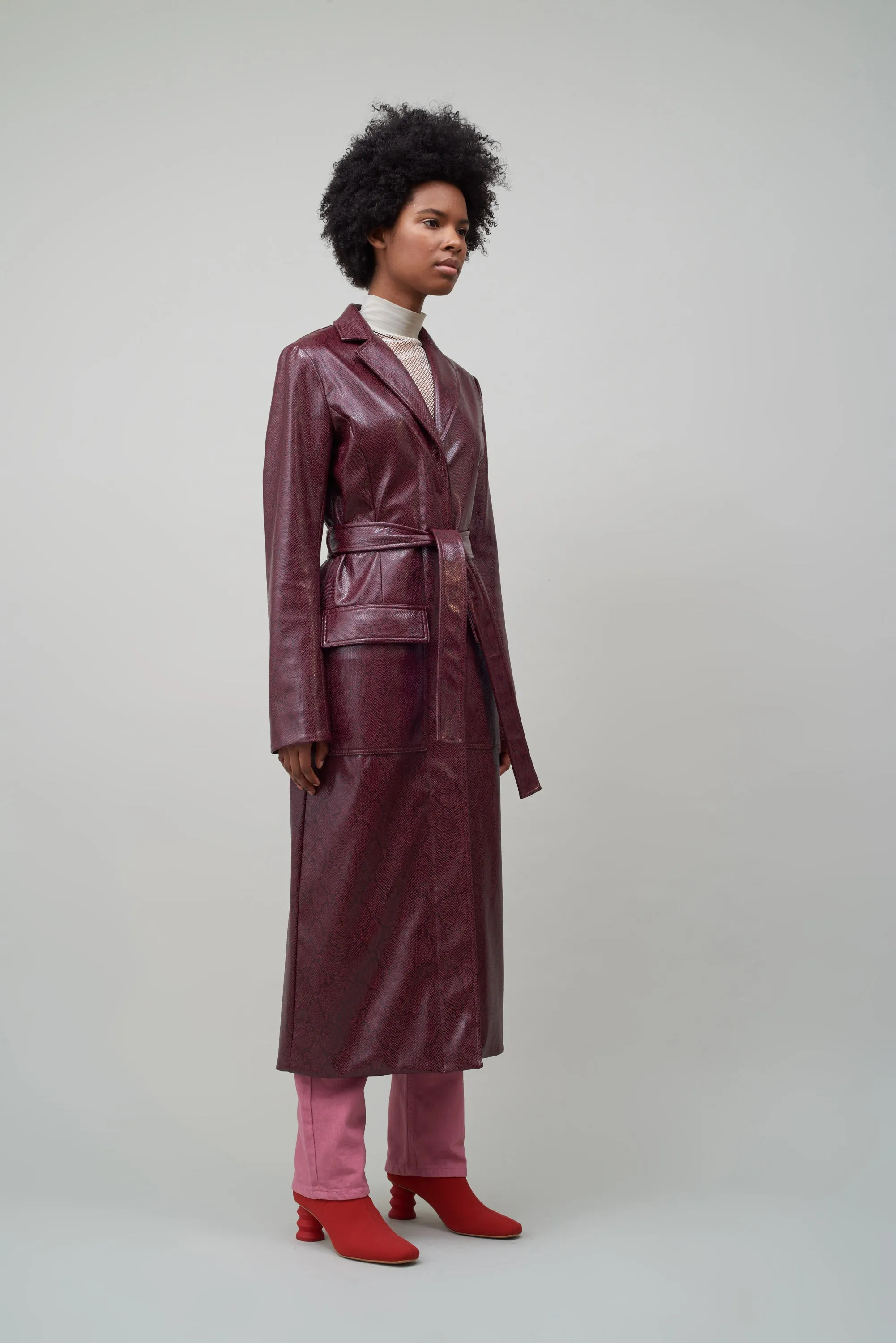 BELTED TRENCH COAT - BURGUNDY FAUX SNAKESKIN