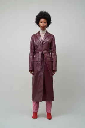 BELTED TRENCH COAT - BURGUNDY FAUX SNAKESKIN