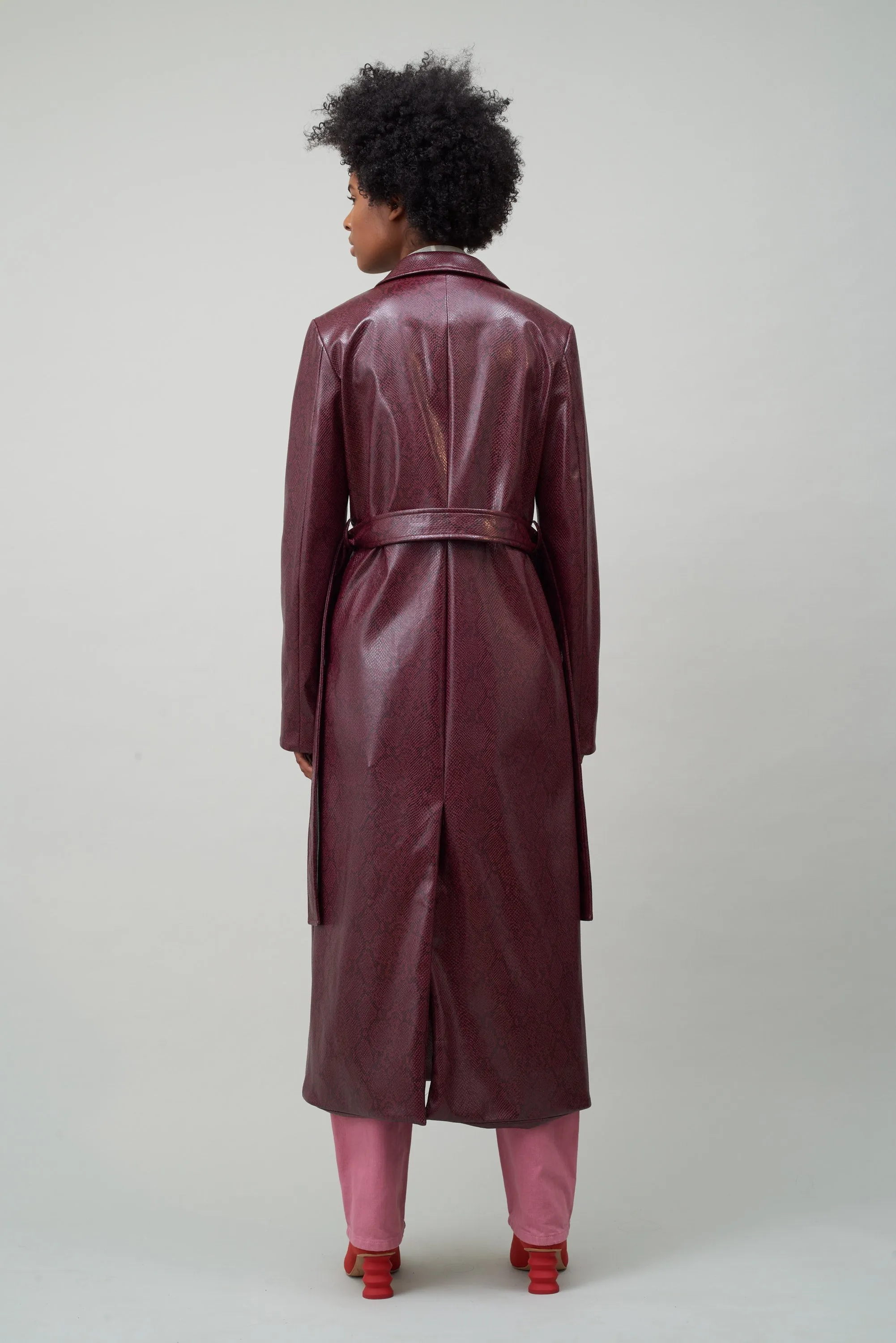 BELTED TRENCH COAT - BURGUNDY FAUX SNAKESKIN