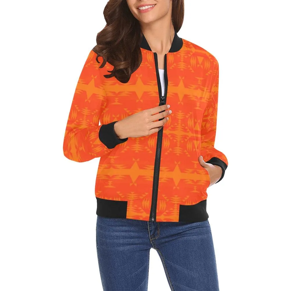 Between the Mountains Orange Feather Directions Bomber Jacket for Women