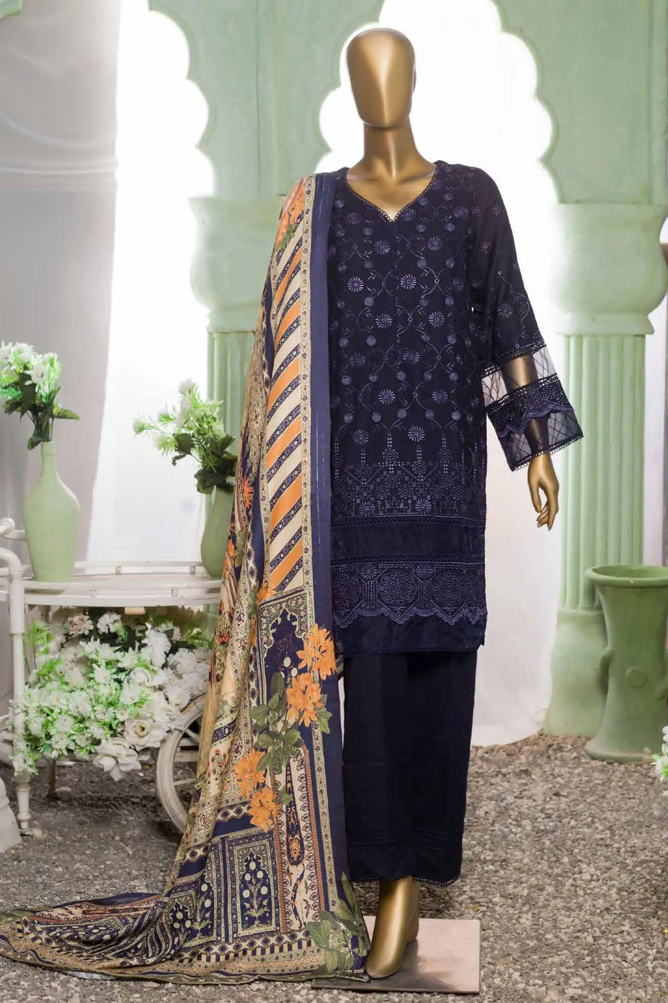 Bin Saeed Stitched 3 Piece Dhanak Winter Shawl Vol-02 Collection'2022-SM-012-N.Blue