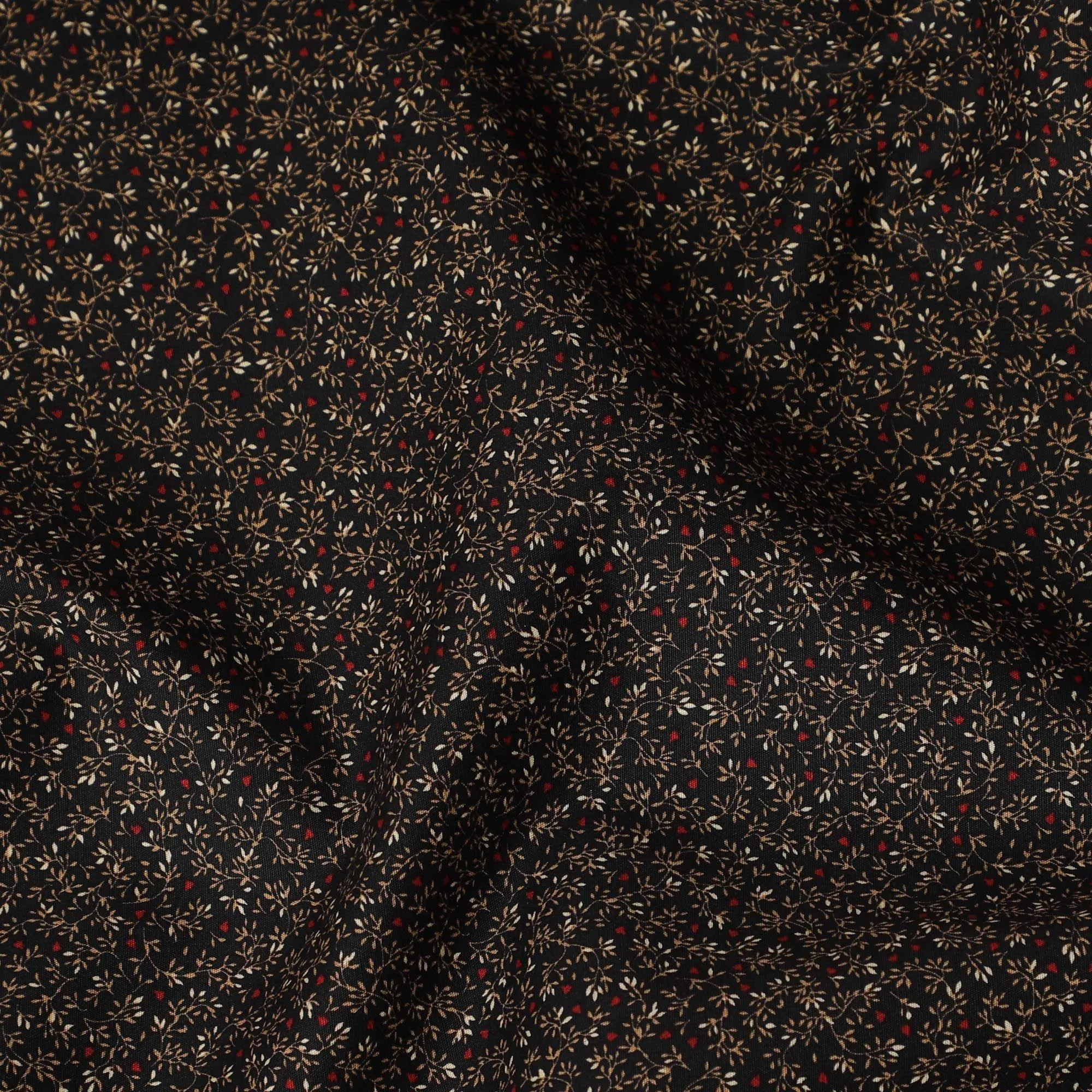 Black cotton fabric with brown and red print in fancy design-D14841