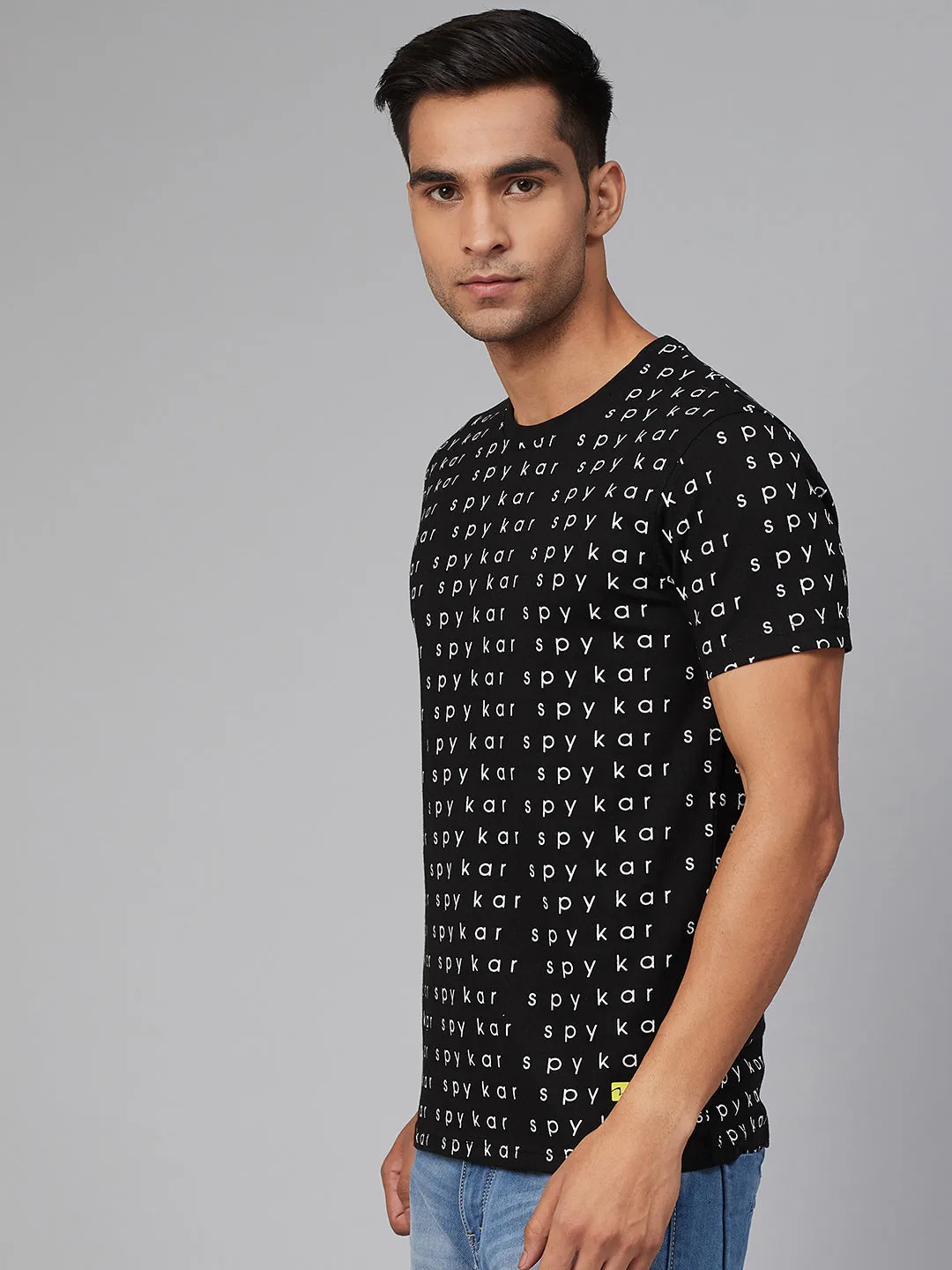 Black Cotton Printed Round Neck T-Shirts- Underjeans By Spykar