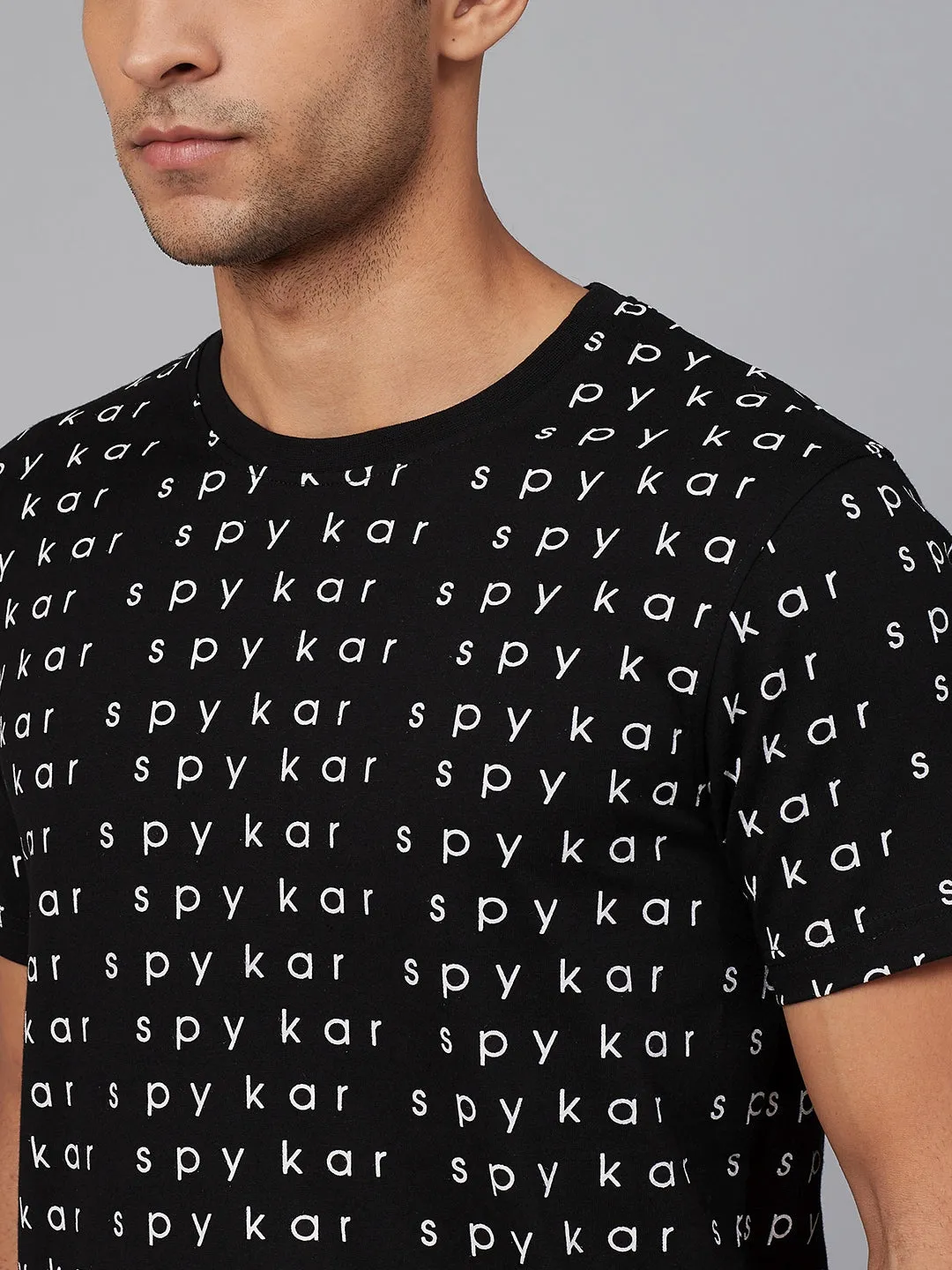 Black Cotton Printed Round Neck T-Shirts- Underjeans By Spykar