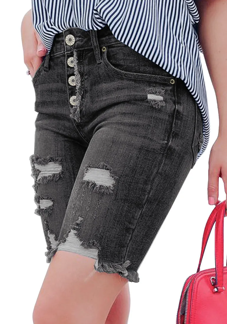 Black Frayed Hem Ripped Button-Up Denim Bermuda Shorts