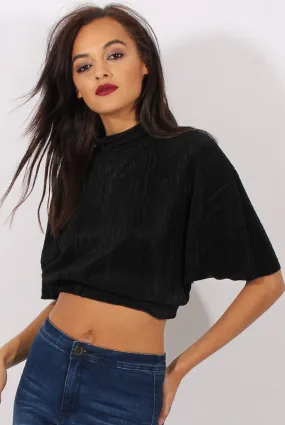 Black Pleated Batwing Crop Top - Mellony