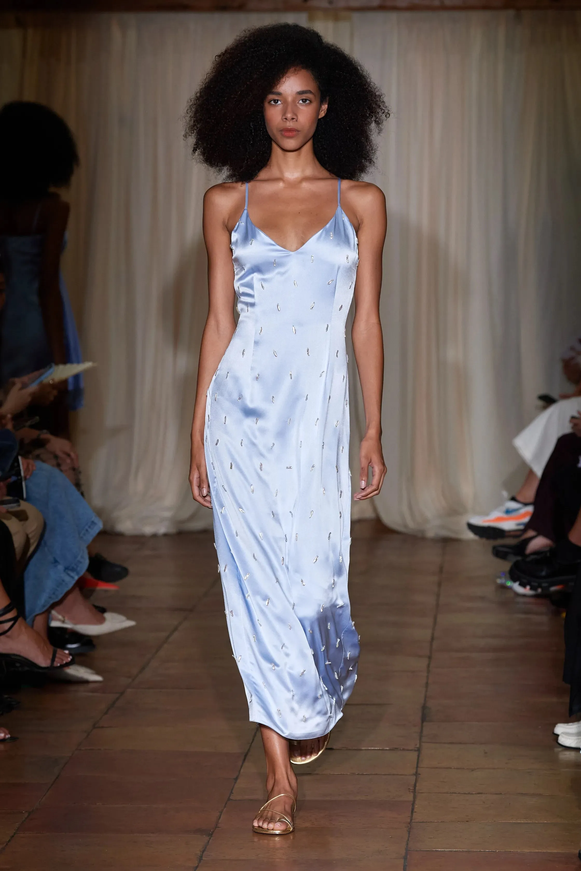 Blue Fitted Silk Slip Dress with Pearls