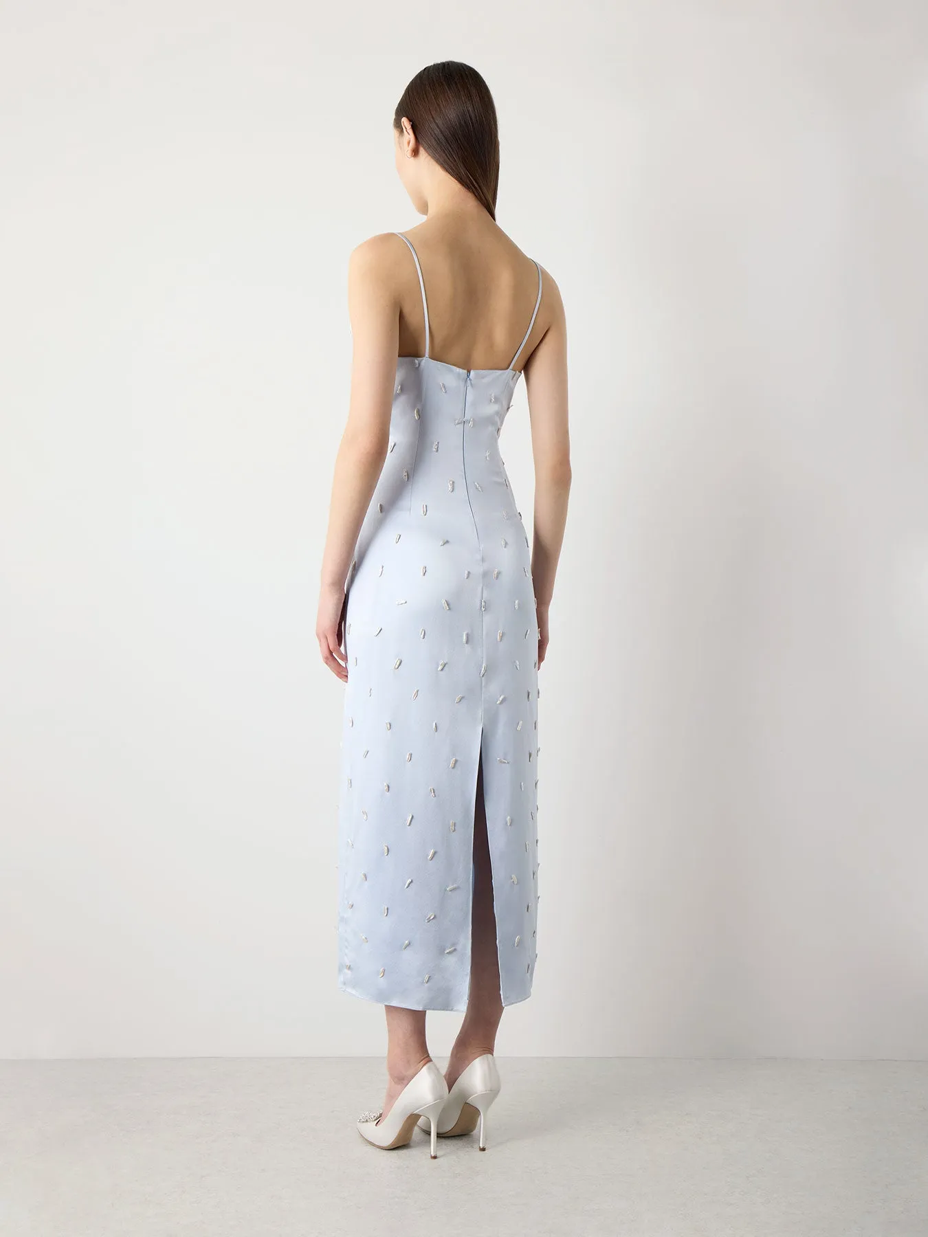 Blue Fitted Silk Slip Dress with Pearls